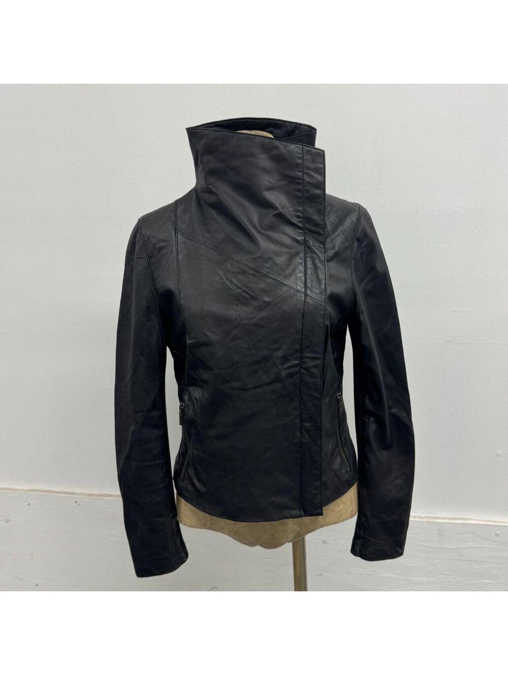 Vintage Black Funnel Neck Asymmetric Avant Garde Leather Jacket